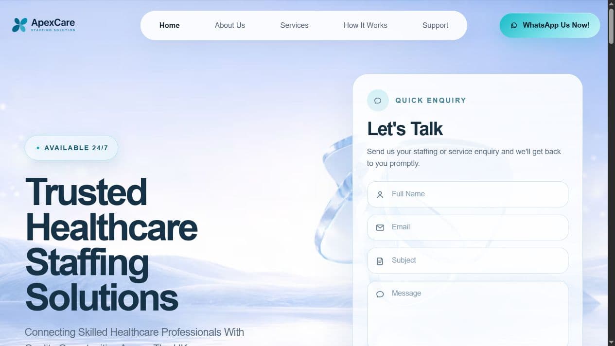 Apex Care Impact healthcare staffing website homepage and enquiry form