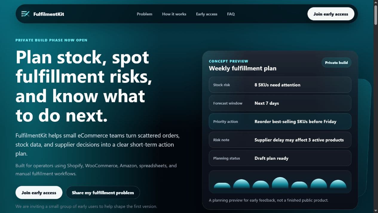 FulfilmentKit SaaS product website showing its fulfilment planning dashboard